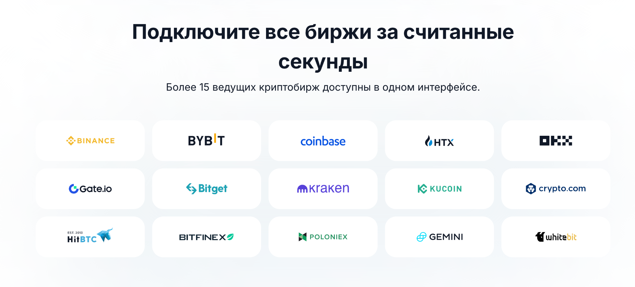 Список доступных криптобирж для трейдинга с помощью ИИ-бота Bitsgap