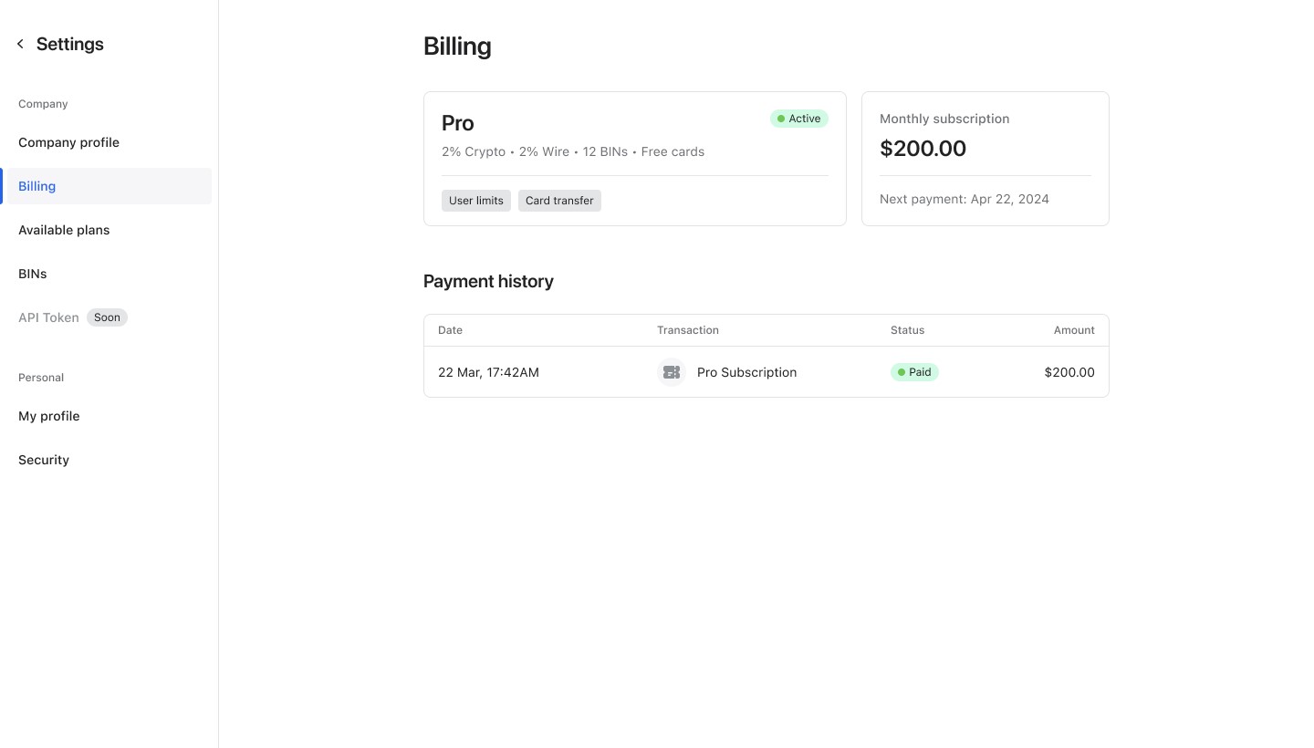 Раздел «Billing» в личном кабинете на сайте stellarcard.io